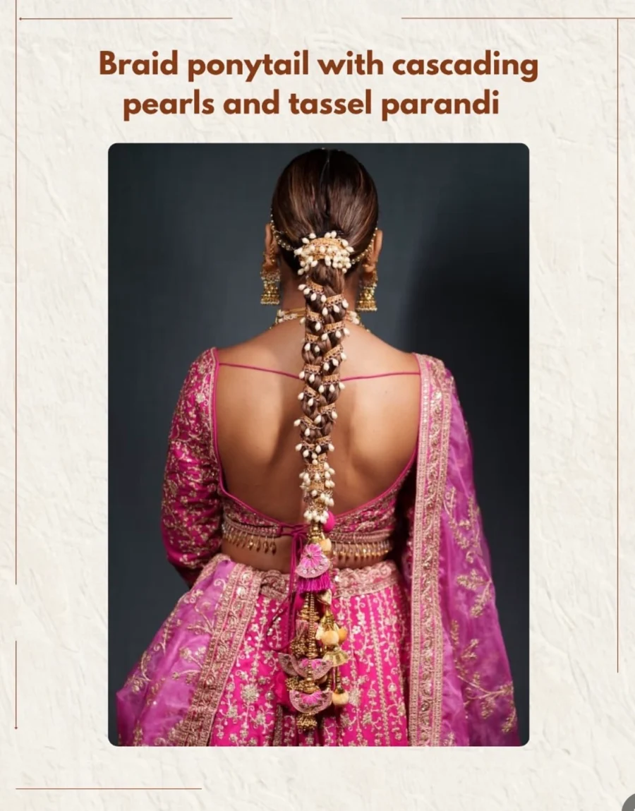 Braid ponytail with cascading pearls and tassel parandi